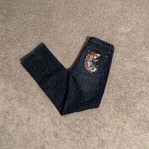 New London Indelible Koi Fish Dark Wash Straight Leg Jeans Sz 11/12 (34x32) EUC